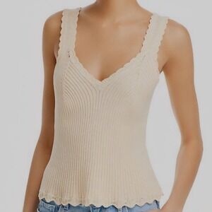 Paige Buona Tank Top Large Ecru Ribbed Stretchy Knit V Neck Lace Trim Layering